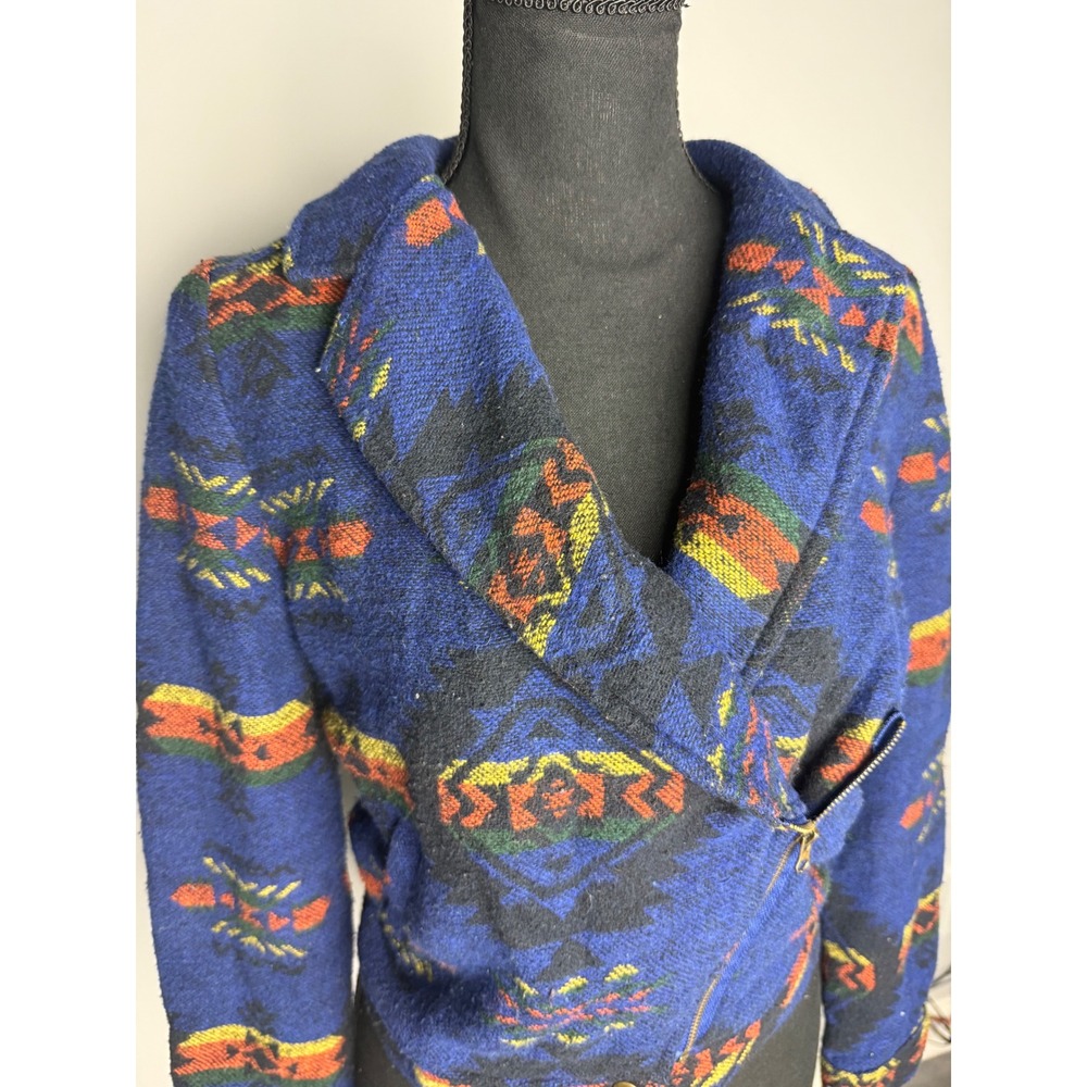 Southwestern Aztec Moto Jacket Blue Geometric Woven Asymmetrical Zip CroppedBoho - Picture 2 of 4